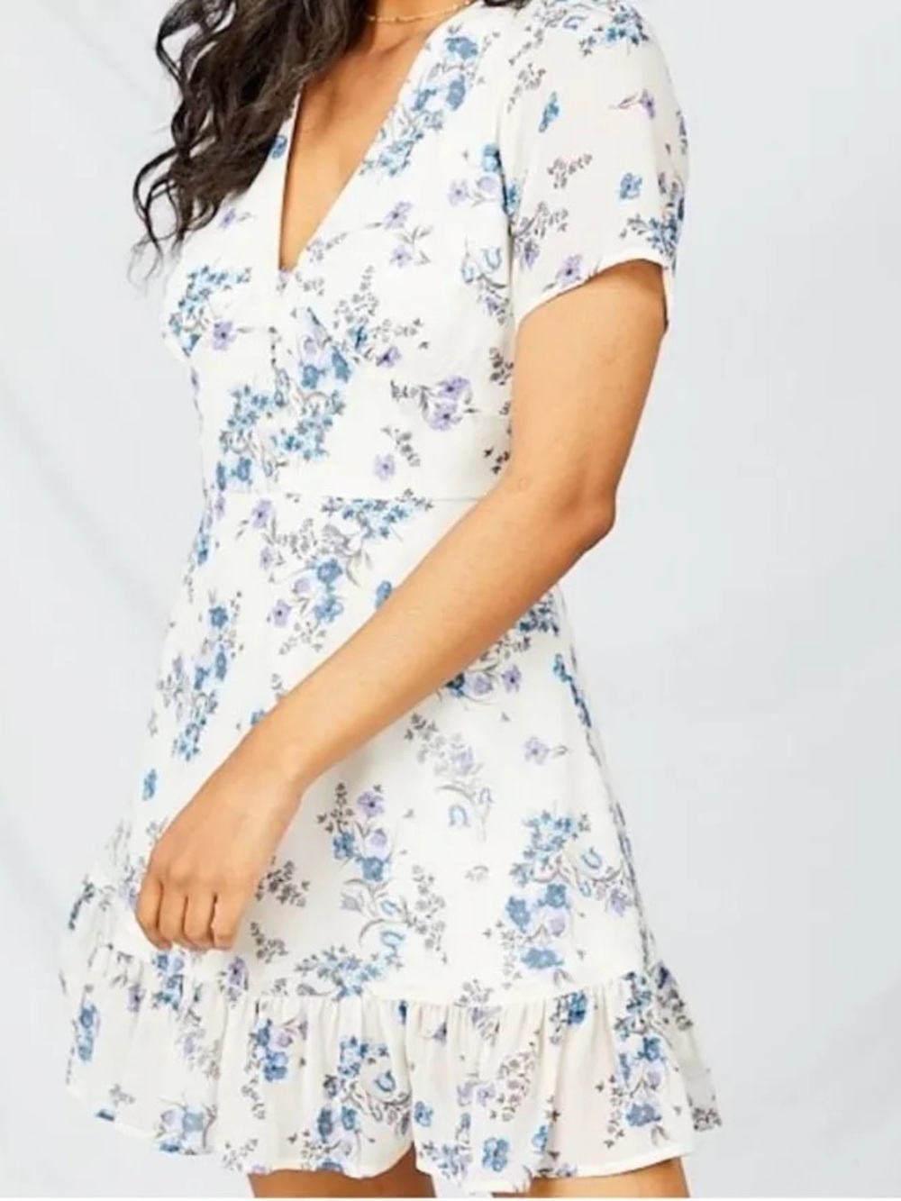 Altar'd State White Dress with Blue Floral Print and Ruffle Hem